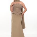 Elegant Crepe & Beaded Dress – Style 6000 (Cappuccino)