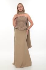 Elegant Crepe & Beaded Dress – Style 6000 (Cappuccino)