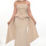 legant Crepe & Beaded Dress – Style 6000 (Beige)