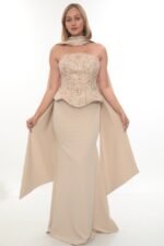legant Crepe & Beaded Dress – Style 6000 (Beige)