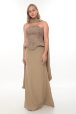 Elegant Crepe & Beaded Dress – Style 6000 (Cappuccino) - Görsel 2