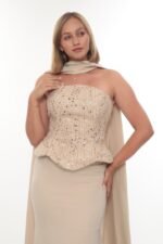 legant Crepe & Beaded Dress – Style 6000 (Beige) - Görsel 2