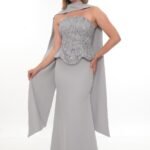 Elegant Crepe & Beaded Dress – Style 6000 (Silver)