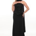 Elegant Crepe & Beaded Dress – Style 6000 (Black)