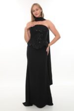 Elegant Crepe & Beaded Dress – Style 6000 (Black)