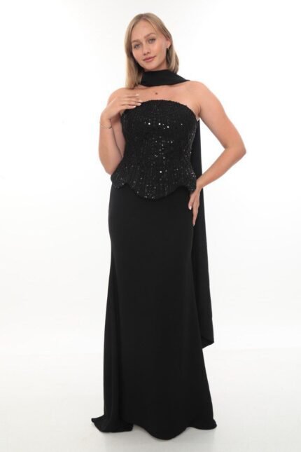 Elegant Crepe & Beaded Dress – Style 6000 (Black)